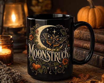 Moonstruck Moth Illustration Mug | Black Ceramic Coffee Cup