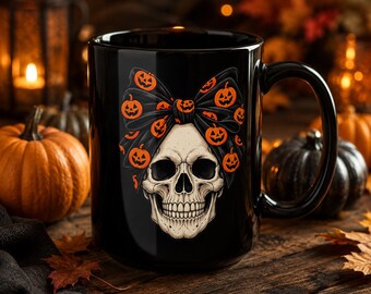 Skull with Pumpkin Bow Mug | Black Halloween Coffee Cup