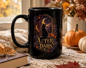 After Dark Black Cat Mug | Black Coffee Mug, Halloween Night Illustration