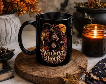 Witching Hour Witch Illustration Mug | Black Ceramic Halloween Coffee Mug