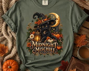 Midnight Mischief Witch Cat T-shirt | Halloween Moon Lantern Pumpkin