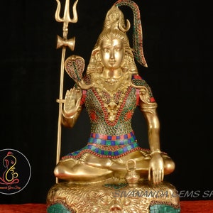 Large Brass Shiva Statue: Hindu God Idol with Stonework (22.5 Inch)