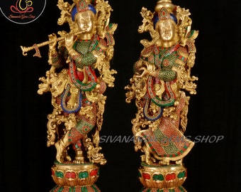 Große Messing Radha Krishna Statue mit Mosaik-Steinwerk, 30 Zoll