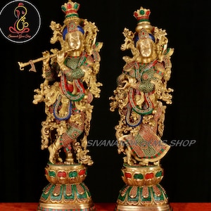 Radha Krishna Brass Statue with Mosaic Stonework, 75 cm Big Large Brass Radhe Krishna Figurine, Large Size Brass Radha Rani with Krishna &quot;