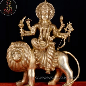 Große Durga-Statue Groß, 63 cm Große Hindu-Göttin Mata Durga Messingidol, Ma Sherawali Murti, Maa Ambe Chandi, Adi Shakti.