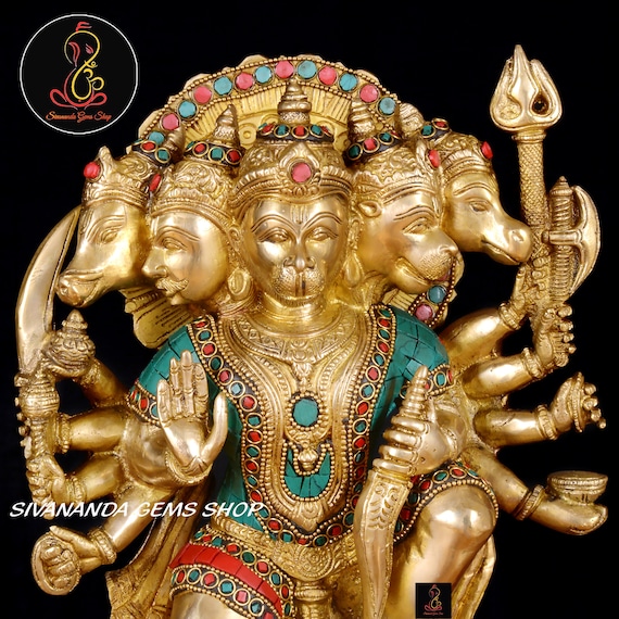 Brass Panchamukhi Hanuman Idol With Stone Chips, Hindu Monkey God