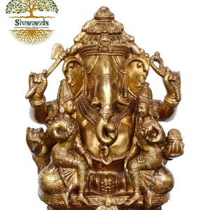 Brass Ganesha Statue with Riddhi Siddhi - Hindu Elephant God (13 Inches)