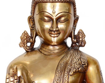 Large Brass Buddha Statue: Abhaya Mudra Blessing, 16" Altar Decor