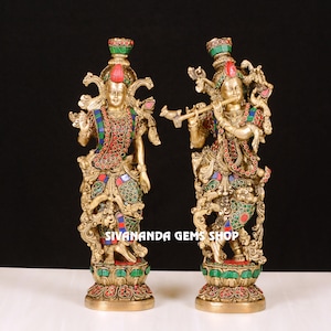 Radha Krishna Statue with stone work&quot; 36 CM Brass Radha Krishna Idol, Divine Couple God, Lord Krishna, Goddess Radha, Radha Krishna Figurine