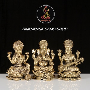 Brass Ganesh Lakshmi Saraswati Statue: Hindu Temple Sculpture