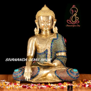 Brass Earth Touching Buddha Statue: Stonework Meditation Decor (41 cms)