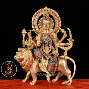 Large Brass Durga Statue: Hindu Goddess of War, Parvati