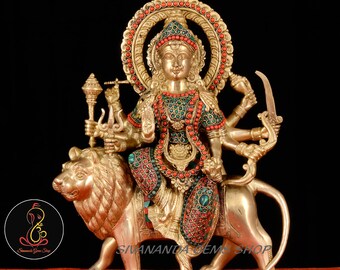 Large Brass Durga Statue: Hindu Goddess of War, Parvati