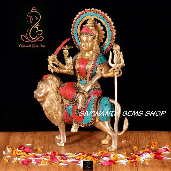 Durga Brass Statue With Stonework, Hindu Goddess Idol on Lion - Etsy