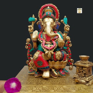 Large Brass Ganesha Statue with Stone Work - Lucky Diwali God (32 CM)