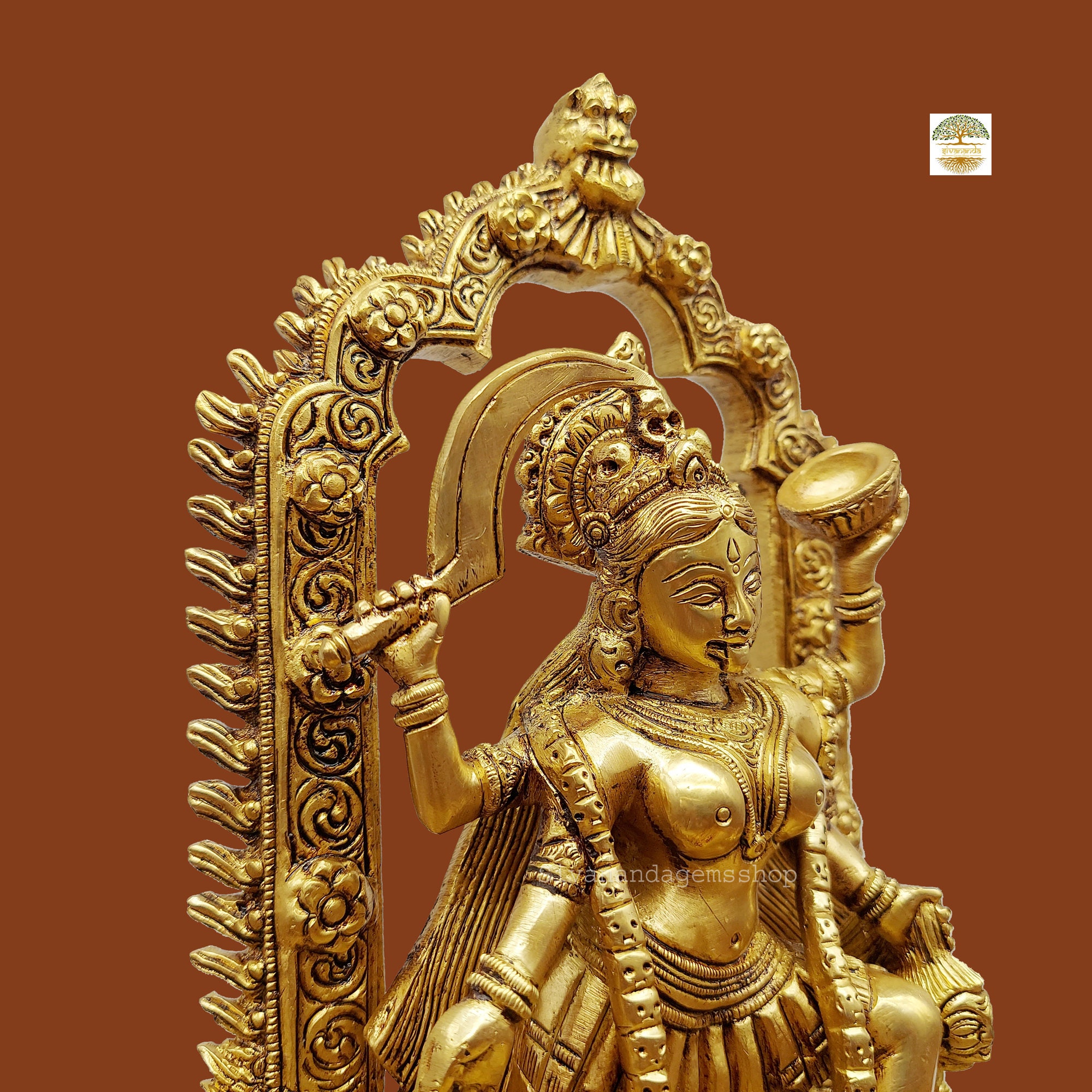 真鍮製の女神カーリー・マー像：ヒンドゥー教の神像（10.5インチ