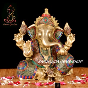 Brass Ganesha Statue with Stonework, 33 cm Big Large Size Brass Ganesh Statue, Elephant God Ganesha, Hindu Good Luck God of new begginings.