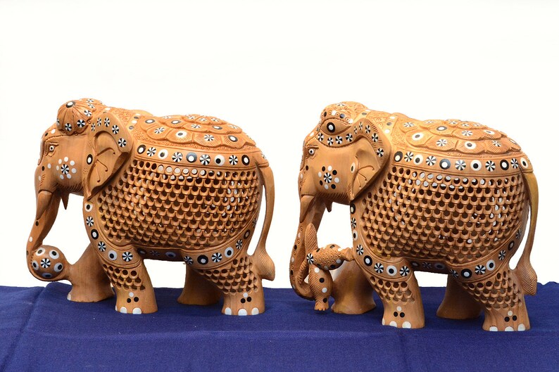 Wooden elephant 8 inches with baby in belly made of kadam wood