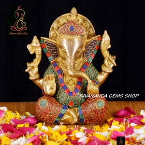 Brass Ganesha Statue with Mosaic Stonework, 8.5 inches Brass Ganesh Sculpture, Hindu God Luck Gift for New Beginnings, House warming Gift.