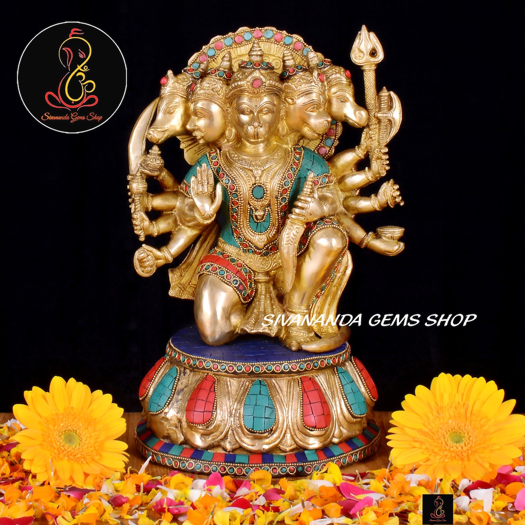 Brass Panchamukhi Hanuman Idol With Stone Chips, Hindu Monkey God