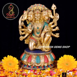 Brass Panchamukhi Hanuman Idol with Stone chips, 33 cm Big Five face Lord Hanuman Moorti, Brass Panchmukhi Hanuman , Hindu Monkey God Statue