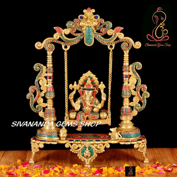 Handmade Brass Ganesha Statue: Hindu God on Swing (18 Inches)