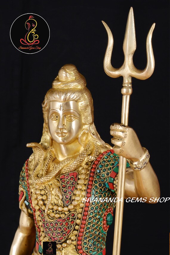 真鍮製のシヴァ神像（三叉槍を持つ）：ヒンドゥー教の神彫刻（66 cm