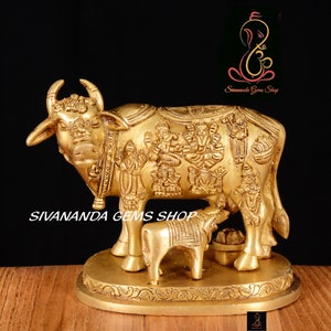 Brass Kamdhenu Cow & Calf Statue: Handmade Divine Showpiece