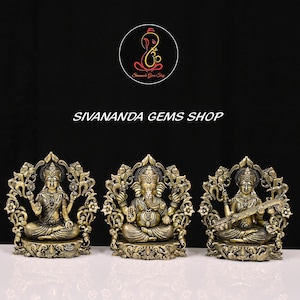 Brass Ganesh Lakshmi Saraswati Statue: Hindu Temple Decor