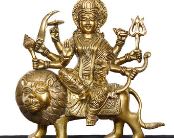 Brass Durga Maa Statue: Hindu Goddess Idol on Lion