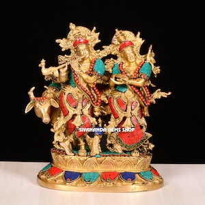 Brass Radha Krishna Statue, with cow 31 CM Big Size Brass RadhaKrishna Statue with Stone Work, Radha-Krishna Sculpture, Hindu Divine couples