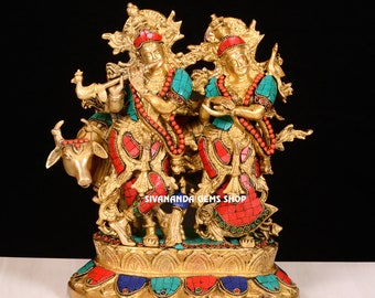Große Messing Radha Krishna Statue mit Kuh : Hinduistisches Götterpaar Skulptur