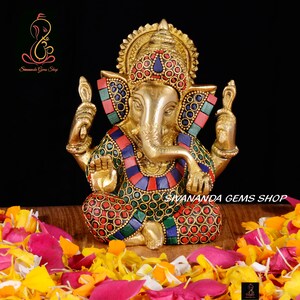 Brass Ganesha Statue with Mosaic Stonework, 5.5 inches Brass Ganesh Sculpture, Hindu God Luck Gift for New Beginnings, House warming Gift.