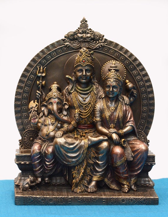 シヴァ神の家族像：銅製コールドキャスト製ヒンドゥー教の神（8インチ