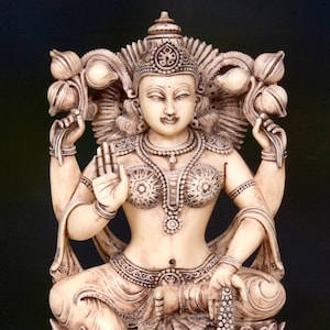 Goddess Lakshmi Statue, Goddess Laxmi with lotus, Sitting Lakshmi. Hindu Goddess of Wealth, abundance, good fortune, fertility & prosperity.