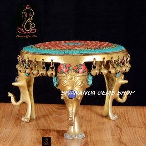 Round Chowki with Elephant Pillars and Bells in Brass & Mosaic Stonework, Pooja Chowki for Home Temple, Chowki For Idols, Chowki for Pooja