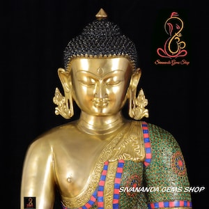 Brass Buddha Statue Big&quot; with Stonework, 53.5 cms Big Earth Touching Buddha Idol in Brass. Buddhist Temple, Yoga HALL, Meditation Room Decor