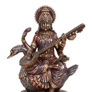 Saraswati Statue, Goddess Saraswati Statue, 8.5 inches, Brahma Wife, Gayatri, Goddess of Knowledge, Music, Art & Wisdom, Saraswati on Swan,