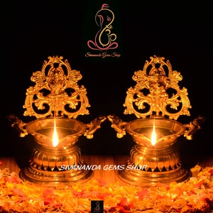 Ganesh Laxmi Diya Brass for Home Temple, Lord Ganesha Lakshmi Oil Wick Diya, Indian Handcrafted Deepak for Home Temple Decor Lamp (Set of 2