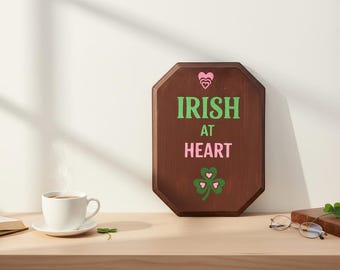 Irish At Heart Wood Sign Rustic St Patrick's Day Farmhouse Wall Decor Hand Painted Shamrock Solid Wood Plaque