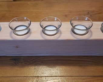 Rustic Wood Candle Holder With Glass Inserts And Candles, Centerpiece, Candle Holder, Tealight Candle Base, Wood Candle Holder