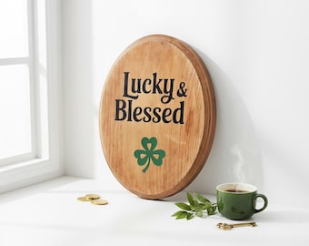 Lucky And Blessed Wood Sign Rustic Farmhouse Wall Decor St Patrick's Day Shamrock Hand Painted Solid Wood