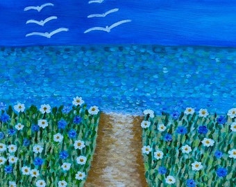 Signed original painting, naive folk art, happy art -  seaside landscape 12"X12"