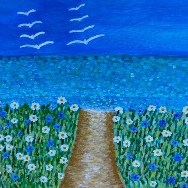 Signed original painting, naive folk art, happy art -  seaside landscape 12"X12"