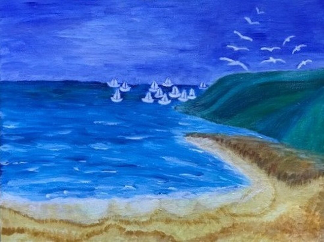 Signed Original Painting, Naive Folk Art, Happy Art - Seaside Landscape ...