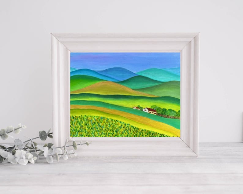 Signed Original Painting, Naive Folk Art, Happy Art - Summer Landscape ...