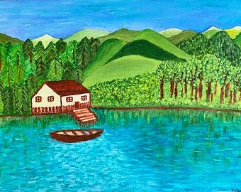 Signed original painting, naive folk art, happy art - mountain cabin 12"x9"