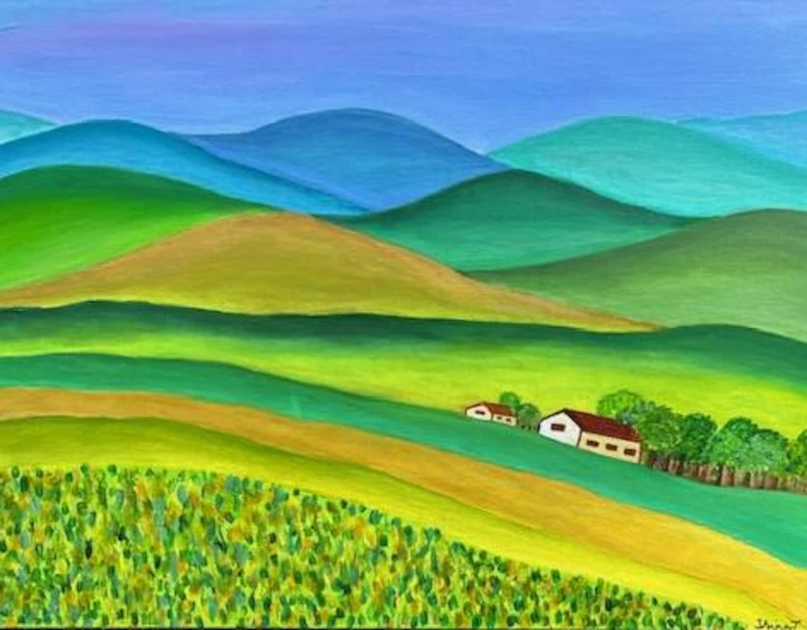 Signed Original Painting, Naive Folk Art, Happy Art - Summer Landscape ...