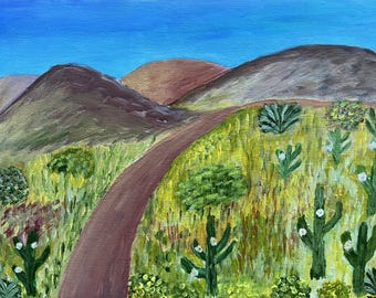 Original Southwest Landscape Painting: Naive Art Acrylic Canvas (9"X12")
