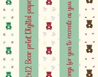 Cute Colorful Bear digital papers 12in x 12in, Seamless pattern